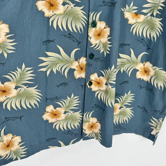 Weekender Mens Blue Hawaiian Floral Fish Print Button Up Shirt Size XL Camp - Picture 7 of 10